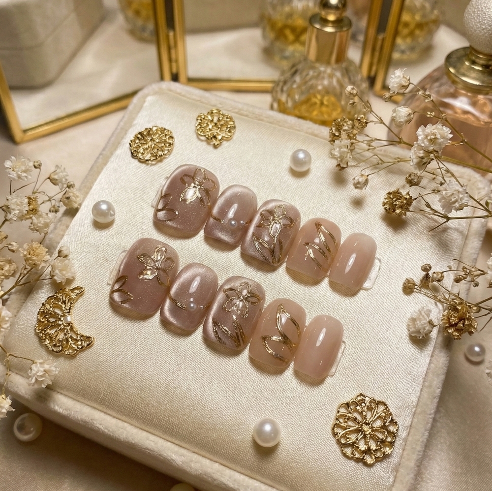Pink Cat Eye Short Square Nail Set With Gold Flower & Pearl Accents